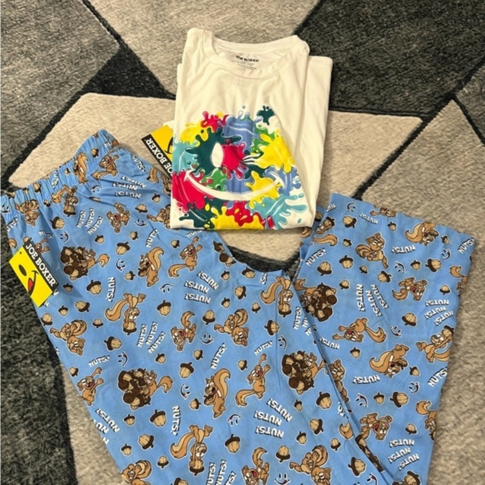 🆕 Joe Boxer White and Blue Women’s Pajama Set with Cartoon Print Size M